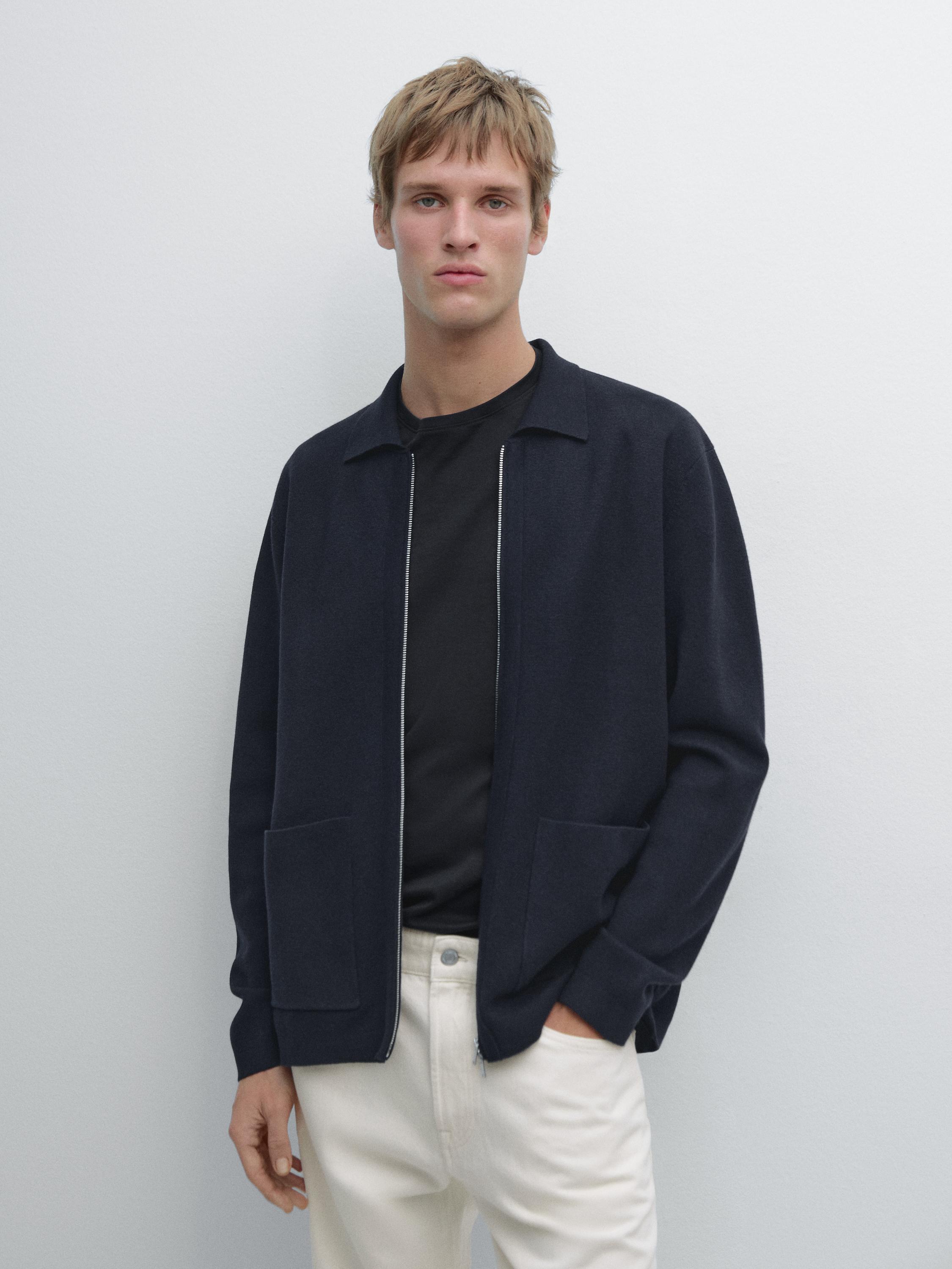 Zip-up knit cotton and wool blend cardigan with pockets